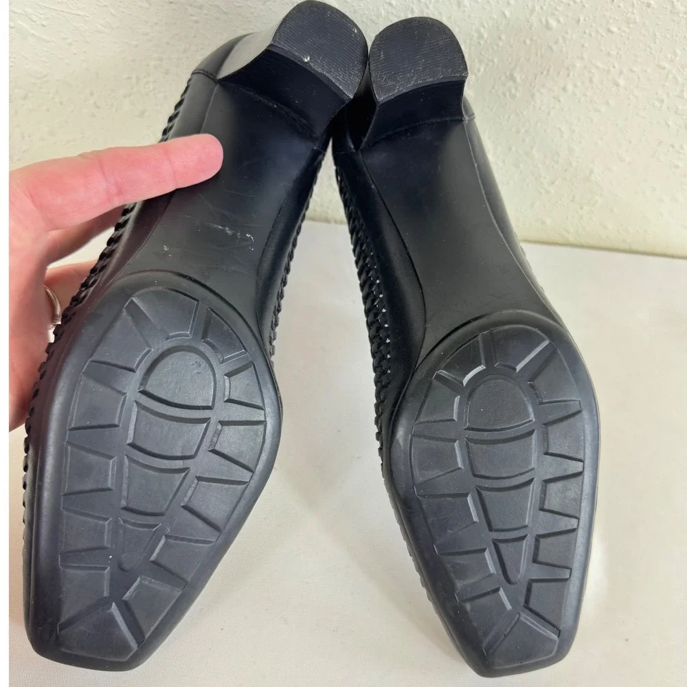 Etienne Aigner Womens Black Leather Woven Whipstitch Square Toe Block Heel Pumps - Picture 4 of 7